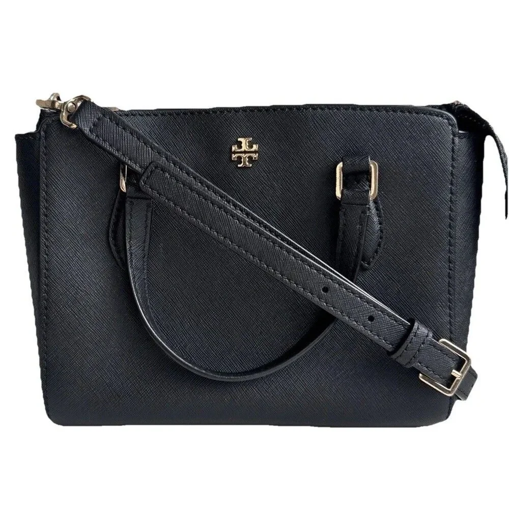 Tory Burch Emerson Mini Tote Crossbody Black Saffiano Leather Bag Gold Hardware
